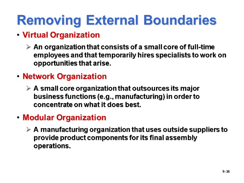 9–38 Removing External Boundaries Virtual Organization An organization that consists of a small core